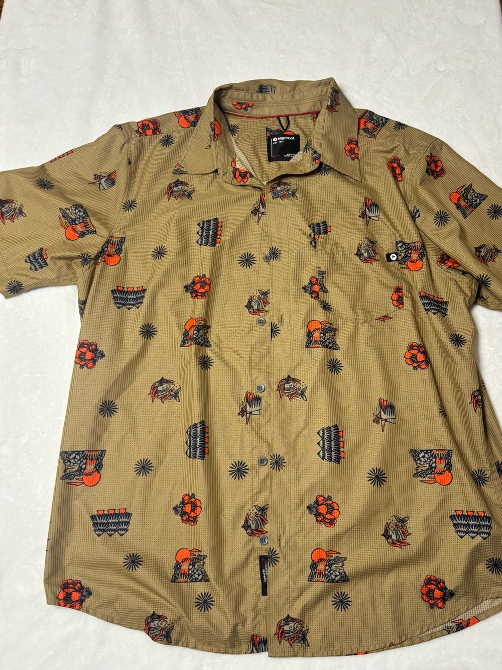 Marmot Tan Short-Sleeve Button-Up with Orange Accents